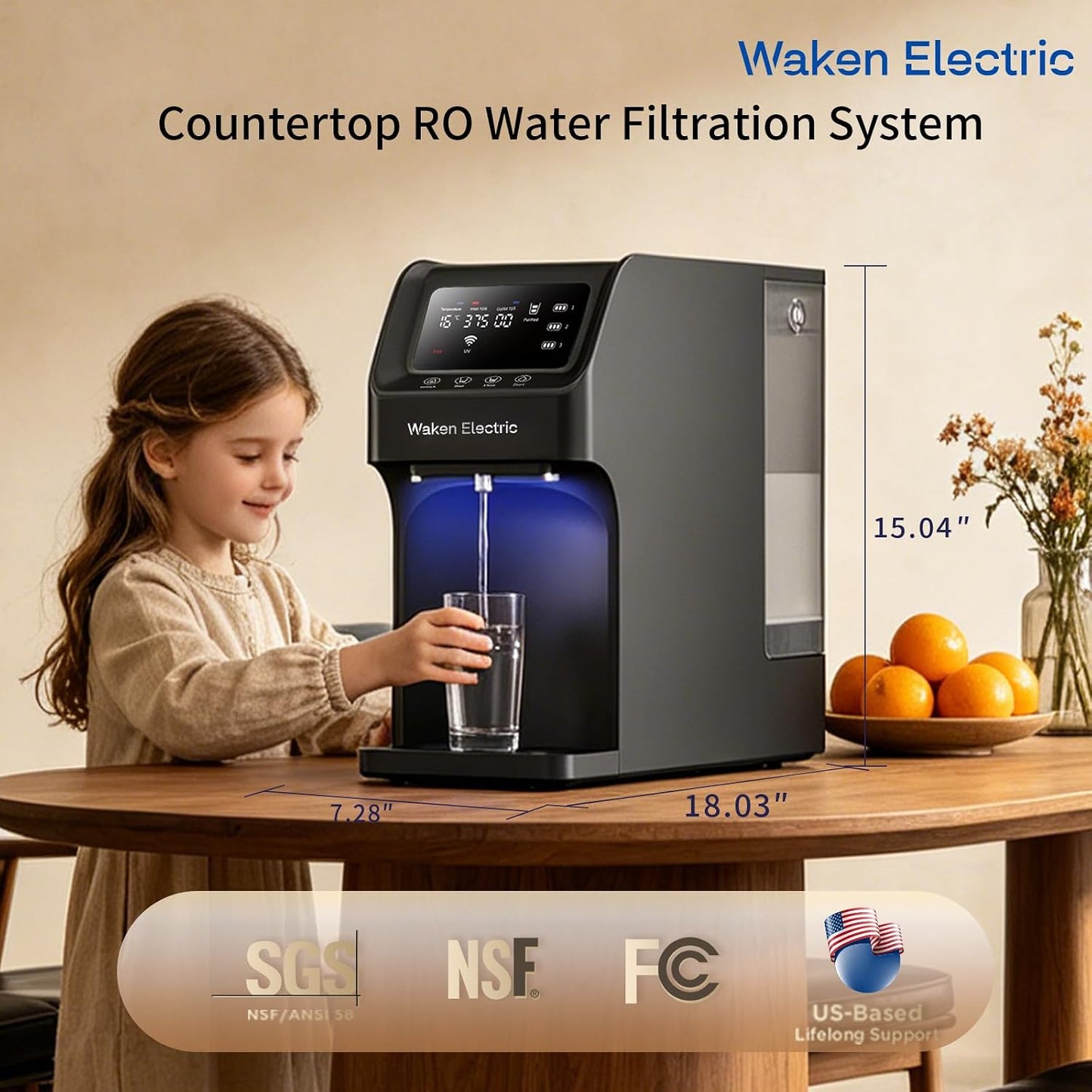 Waken Electric C11 Reverse Osmosis Water Filter Countertop,UV ,4:1 Pure to Drain,Plug and Play