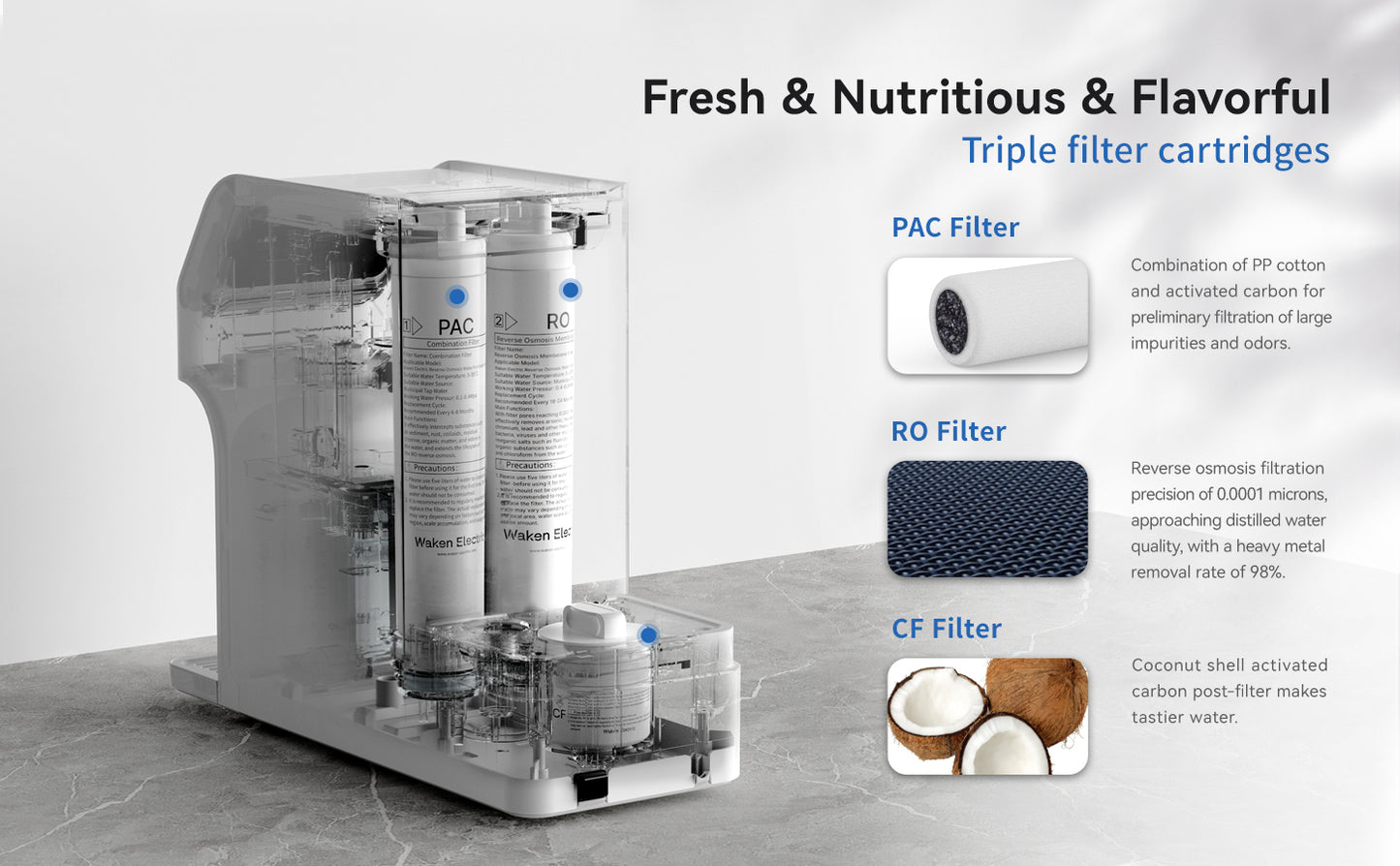 Waken Electric C11 3-Piece Replacement Filter Set with 1 PAC Filter, 1 RO Filter, and 1 CF Filter